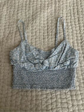 American Eagle Light Blue Floral Smocked Crop Tank